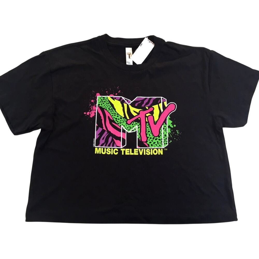 Black Boxy Crop T-Shirt MTV Music Television New Size Small
